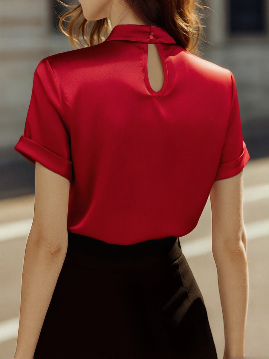 Sophisticated White Satin Keyhole Neckline - Blouse