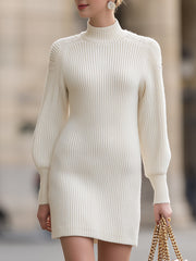 Ivory Ribbed Knit, Gold Button Accents - Midi Dress
