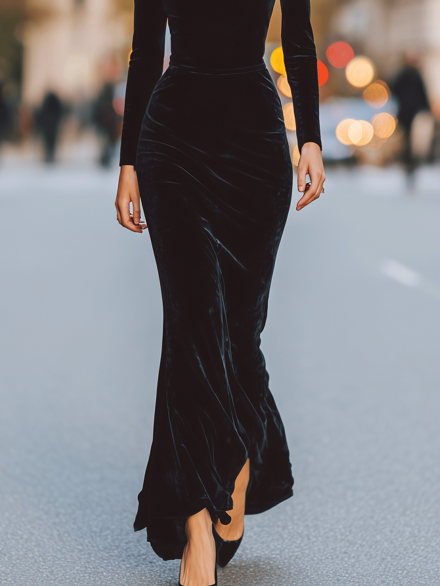 Black Velvet Long Sleeve Lace Yoke - Maxi Dress