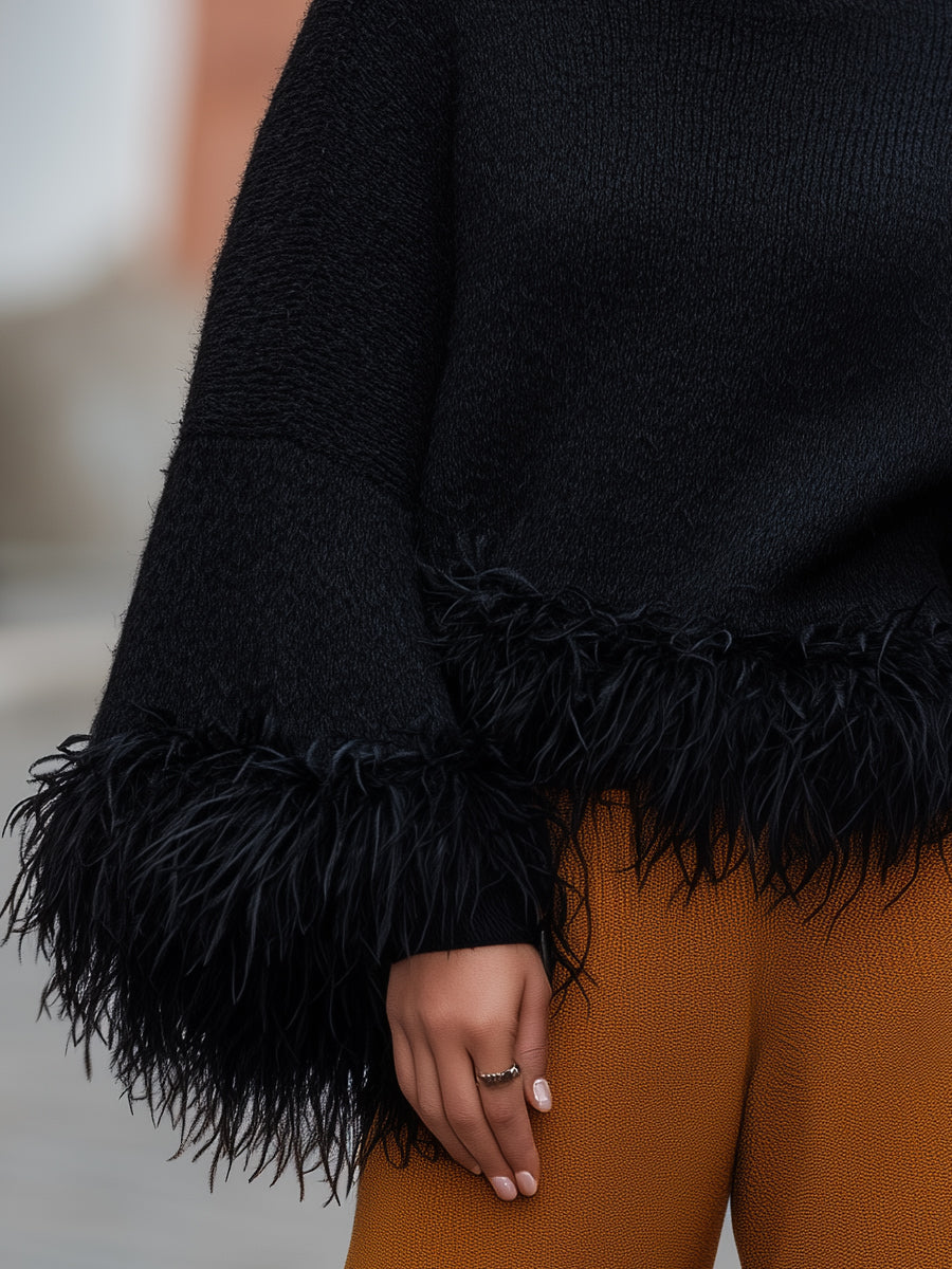Feather-Trim Turtleneck Knit - Sweater
