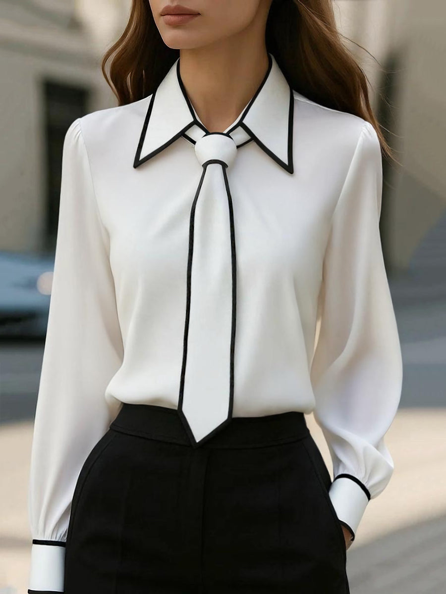 Women's Chic Contrast-Trim Tie-Neck Bow - Blouse