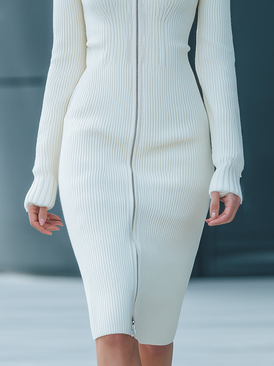 White Ribbed Zip-Front Knit Bodycon - Midi Dress