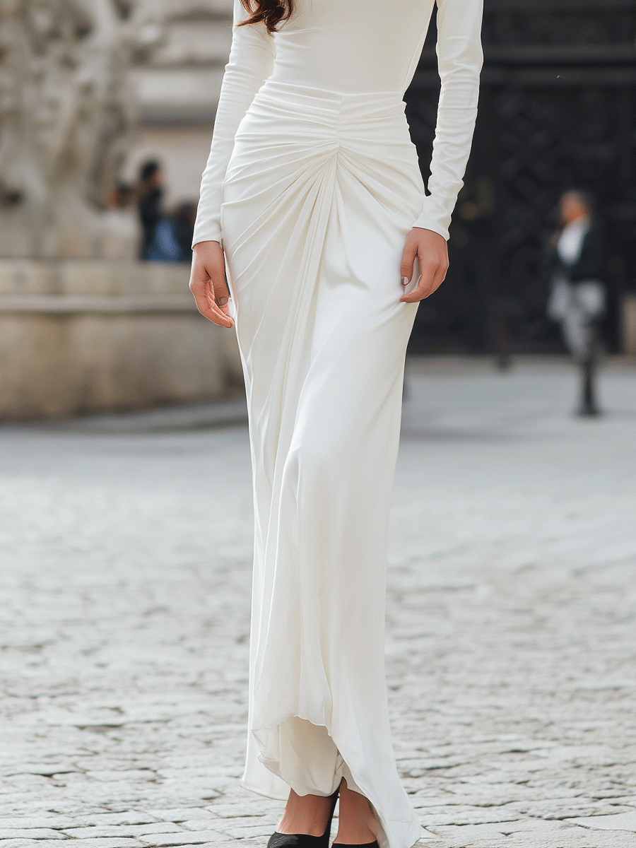 Elegant Draped Waist Long Sleeve Evening - Maxi Dress