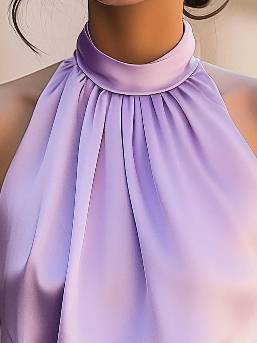 Silky Lavender High-Neck Satin Top - Blouse