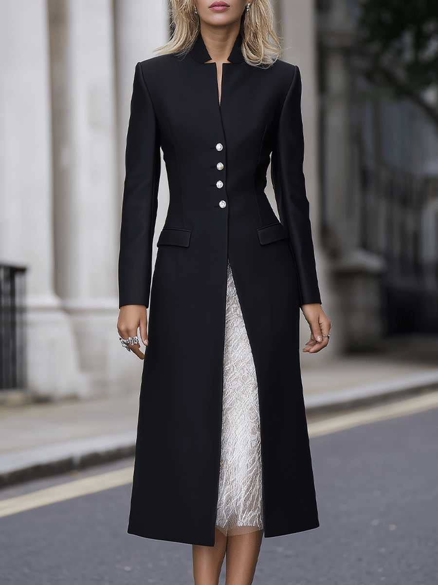 Black High-Collar Embellished Button Longline Coat Style - Midi Dress