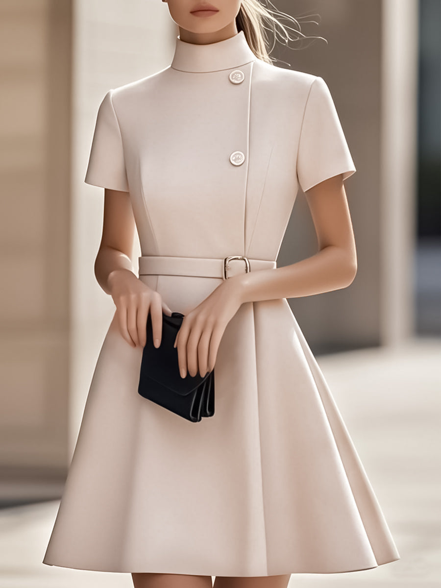 Elegant Black High-Neck Belted Sheath - Midi Dress
