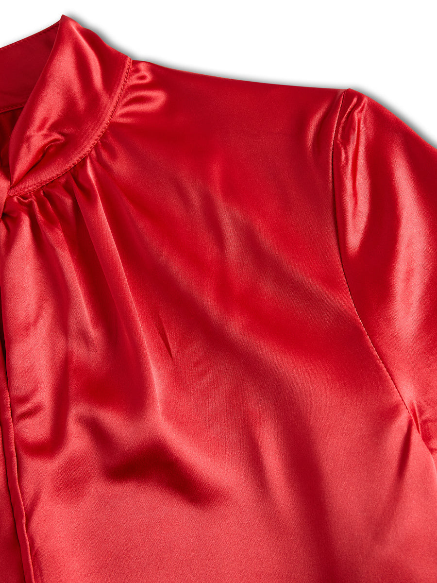 Sophisticated White Satin Keyhole Neckline - Blouse