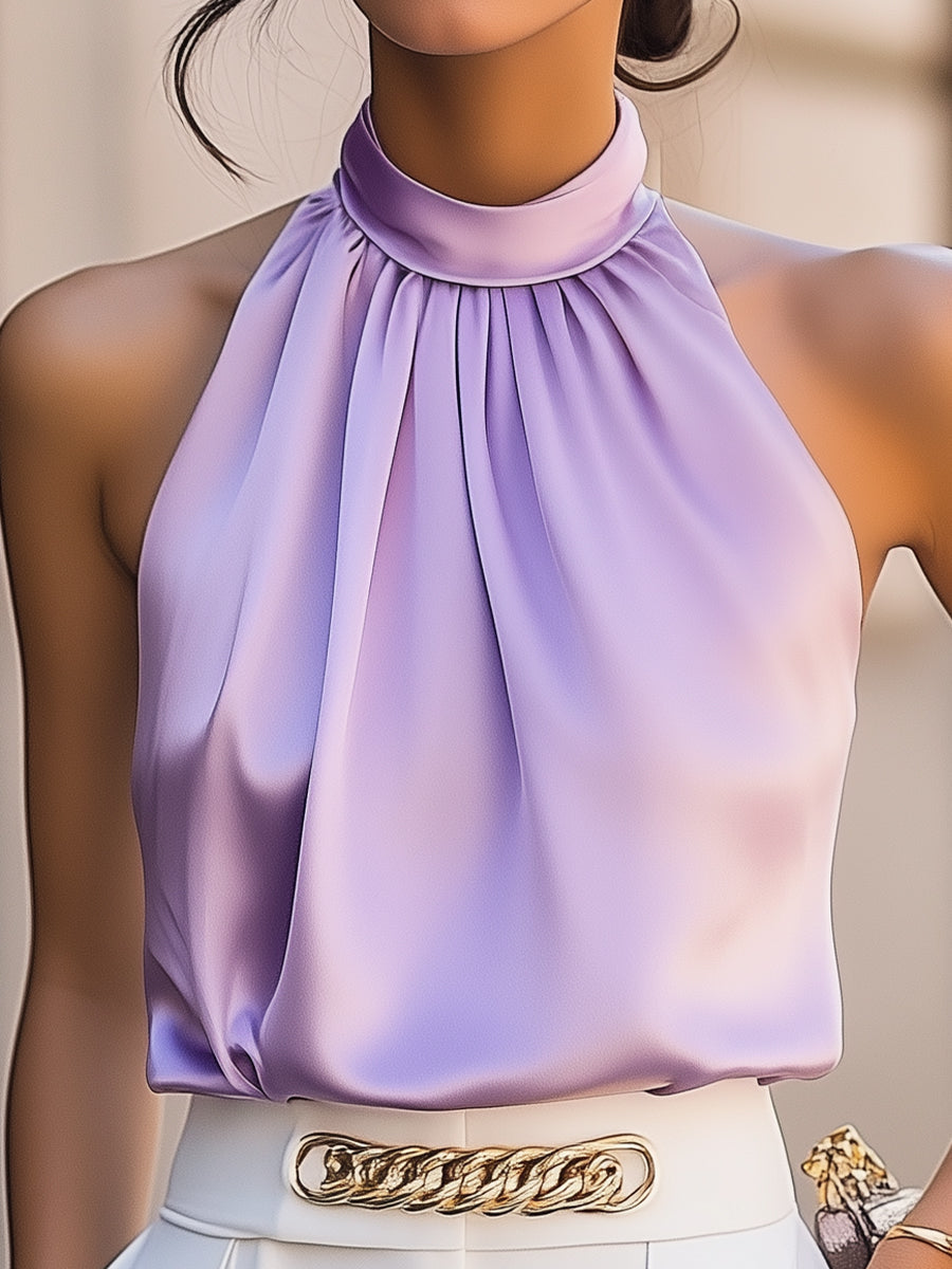 Silky Lavender High-Neck Satin Top - Blouse
