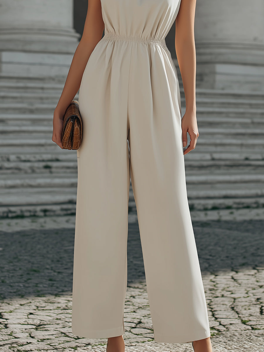 High-Neck Gathered Waist Wide-Leg Jumpsuit XYS