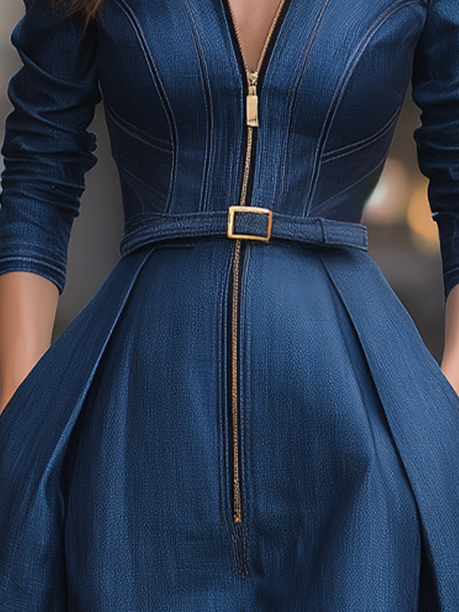 Elegant Belted Zippered Denim - Midi Dress