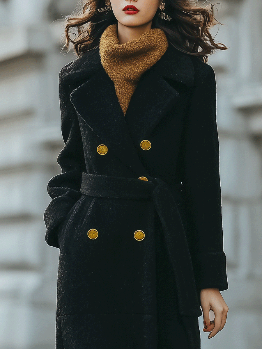 Black Double-Breasted Belted Tailored Coat - Long Coat