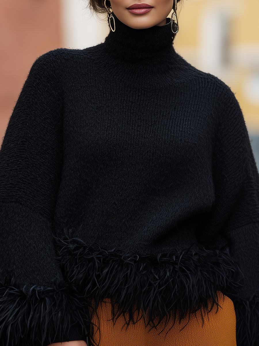 Feather-Trim Turtleneck Knit - Sweater