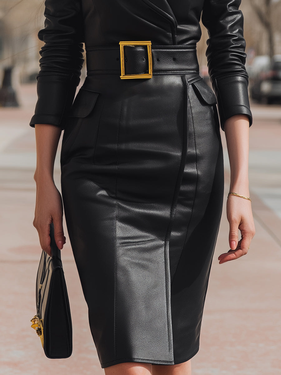 Tailored Faux Leather Belted Blazer - Mini Dress
