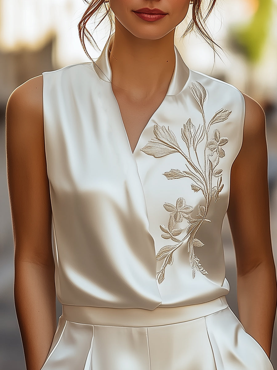 Embroidered V‑Neck Wrap Tie Waist - Blouse