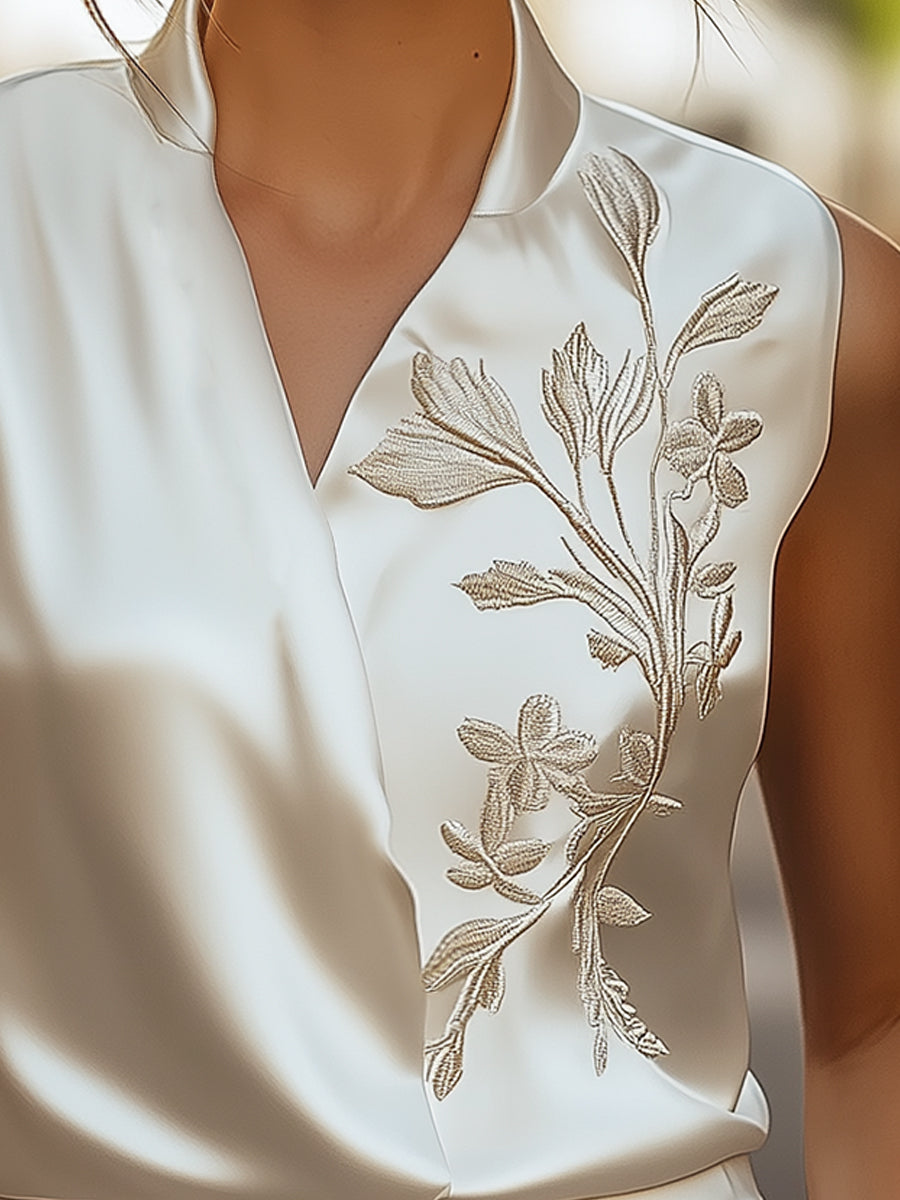 Embroidered V‑Neck Wrap Tie Waist - Blouse