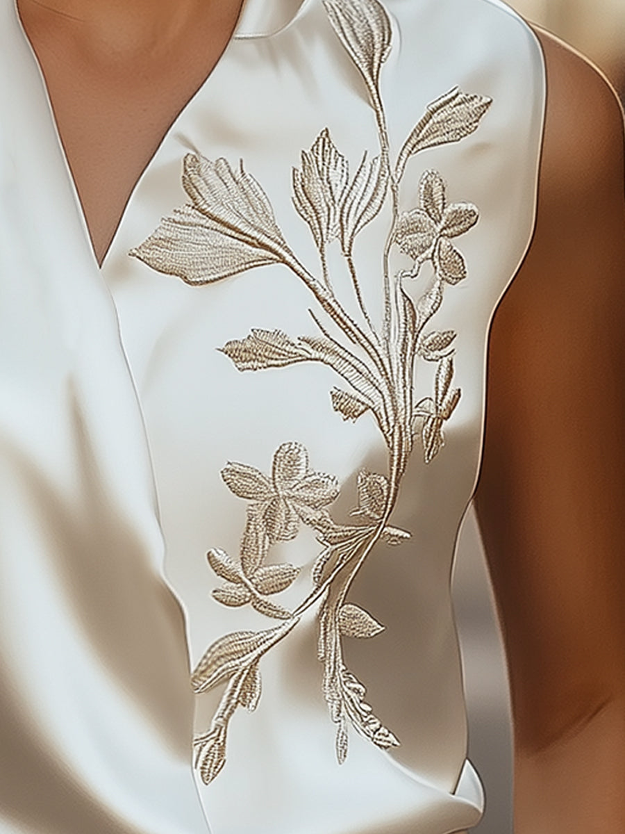 Embroidered V‑Neck Wrap Tie Waist - Blouse