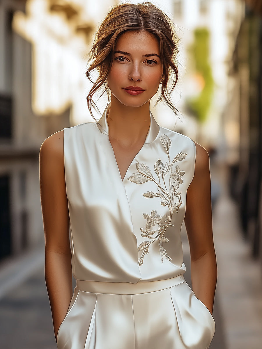 Embroidered V‑Neck Wrap Tie Waist - Blouse