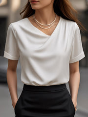 Elegant Plain Draped Neck Short-Sleeve - Blouse