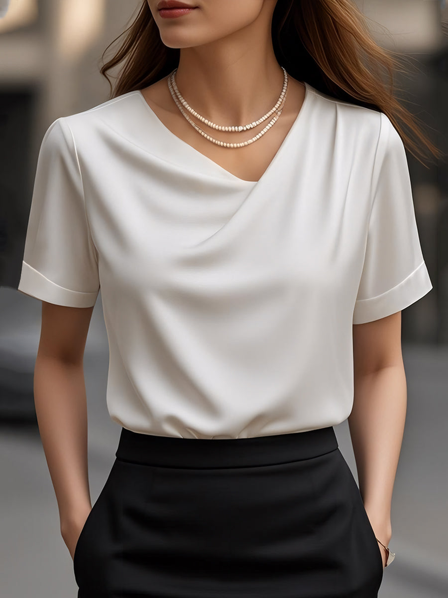 Elegant Plain Draped Neck Short-Sleeve - Blouse