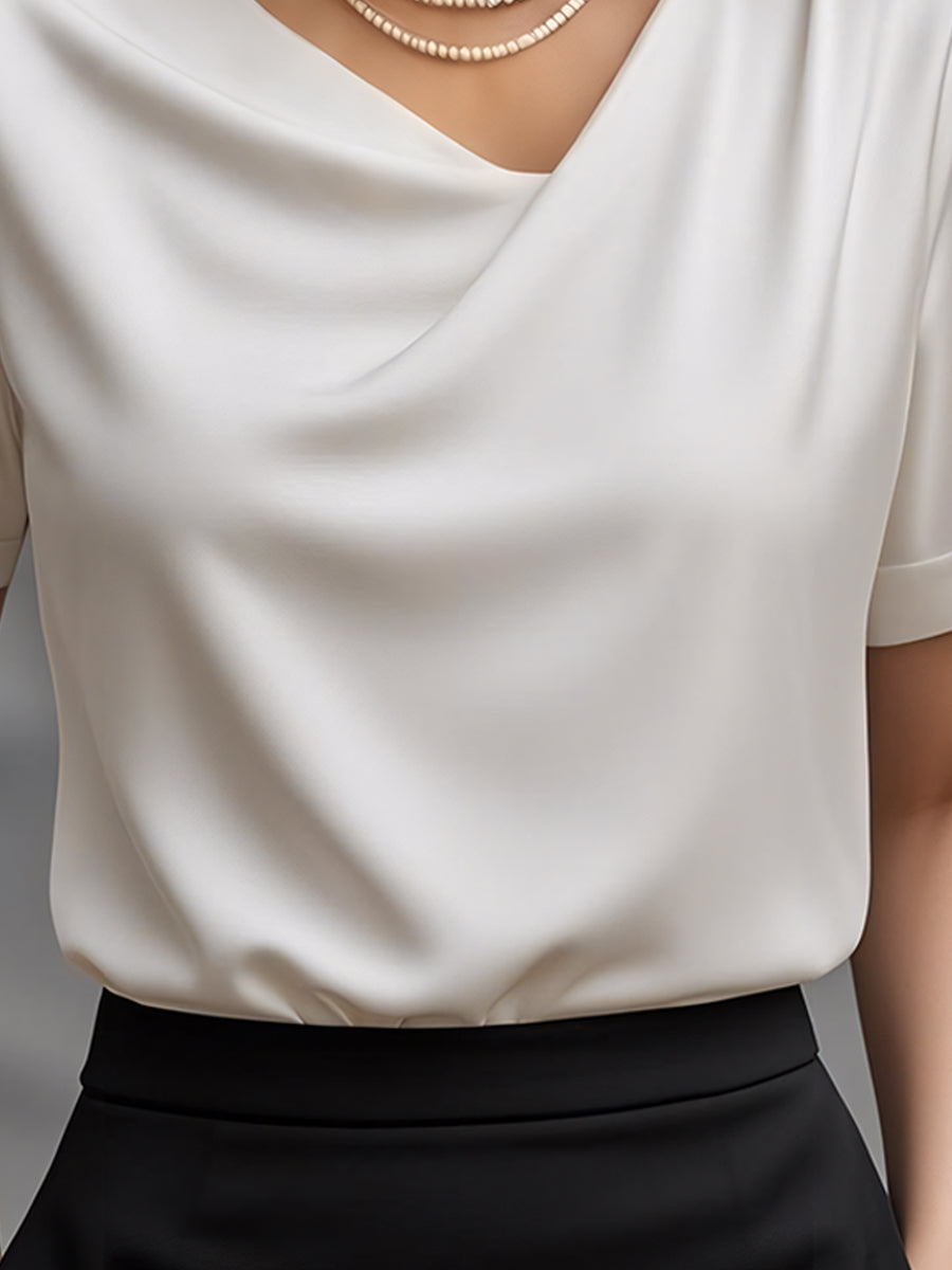 Elegant Plain Draped Neck Short-Sleeve - Blouse
