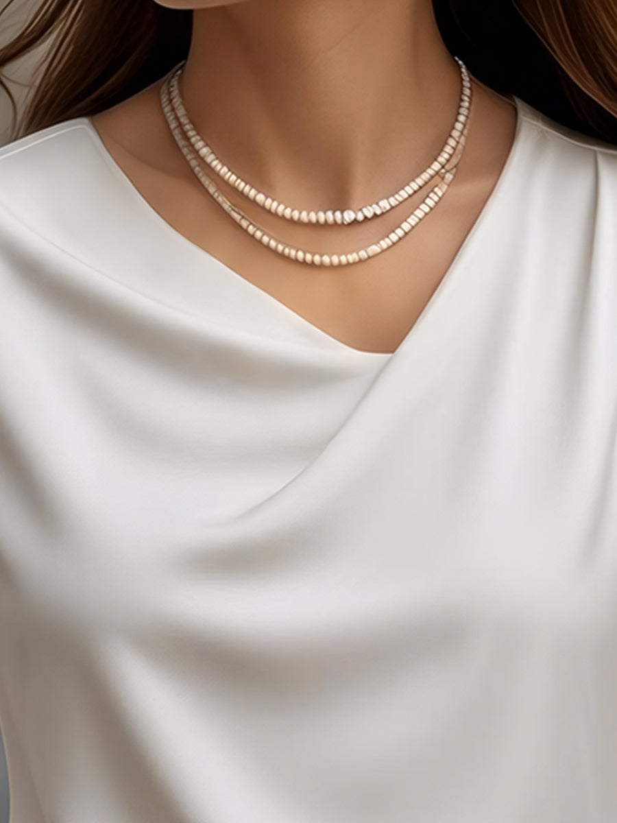 Elegant Plain Draped Neck Short-Sleeve - Blouse