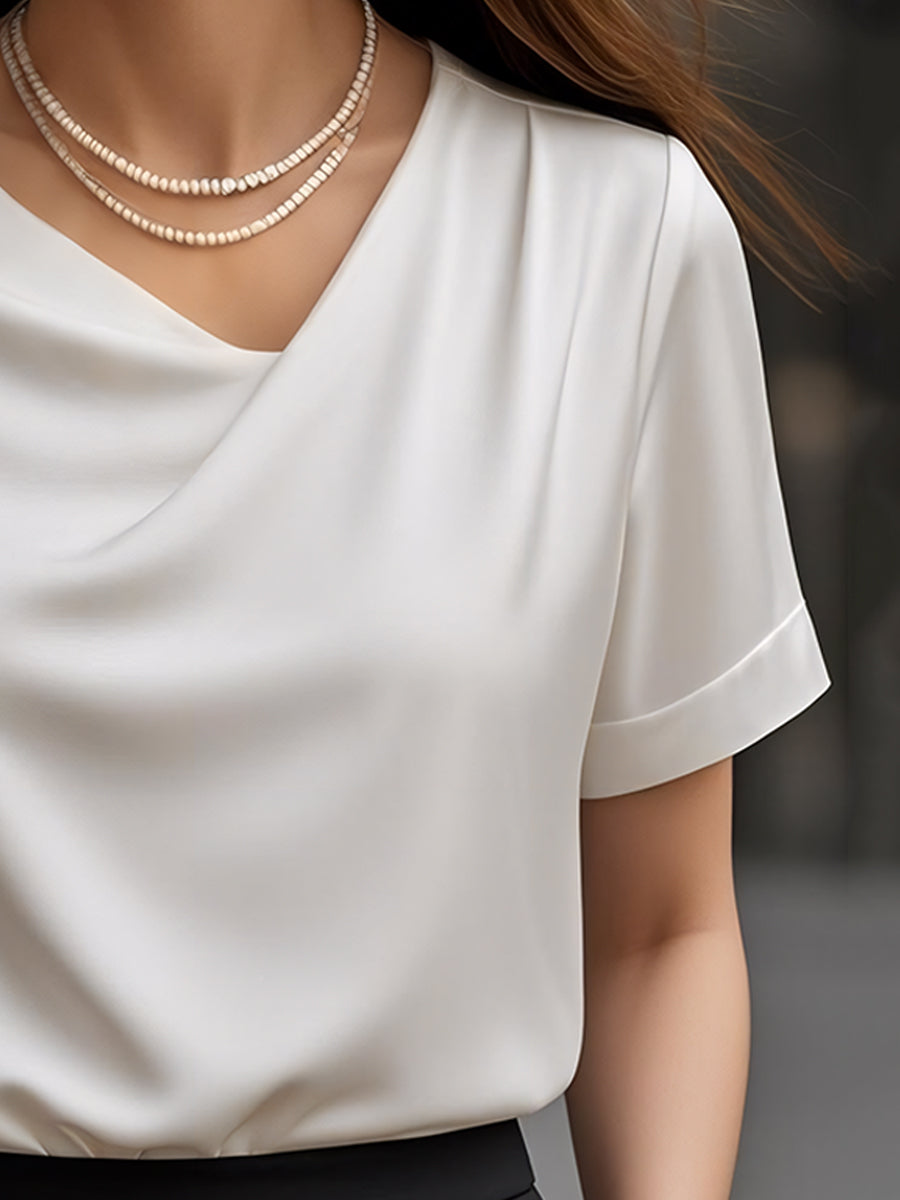 Elegant Plain Draped Neck Short-Sleeve - Blouse