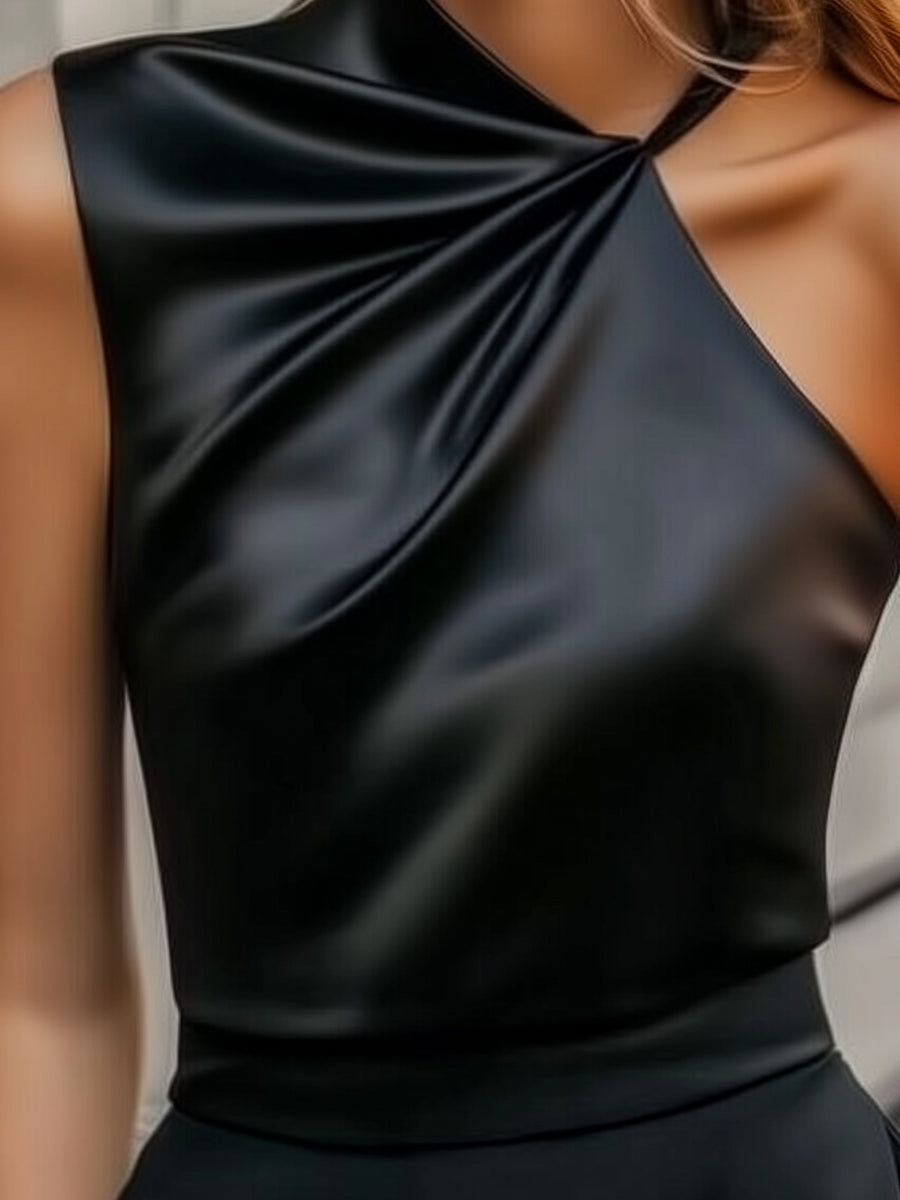 Satin Draped One-Shoulder with Strap Detail - Blouse