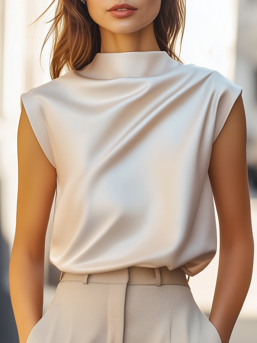 Elegant Minimalist Draped Neck Sleeveless - Blouse