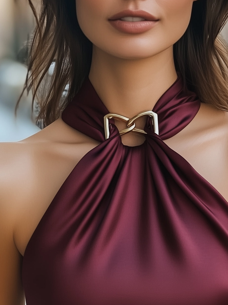 Glossy Halter Sleeveless Gold-Chain Accent - Satin Blouse