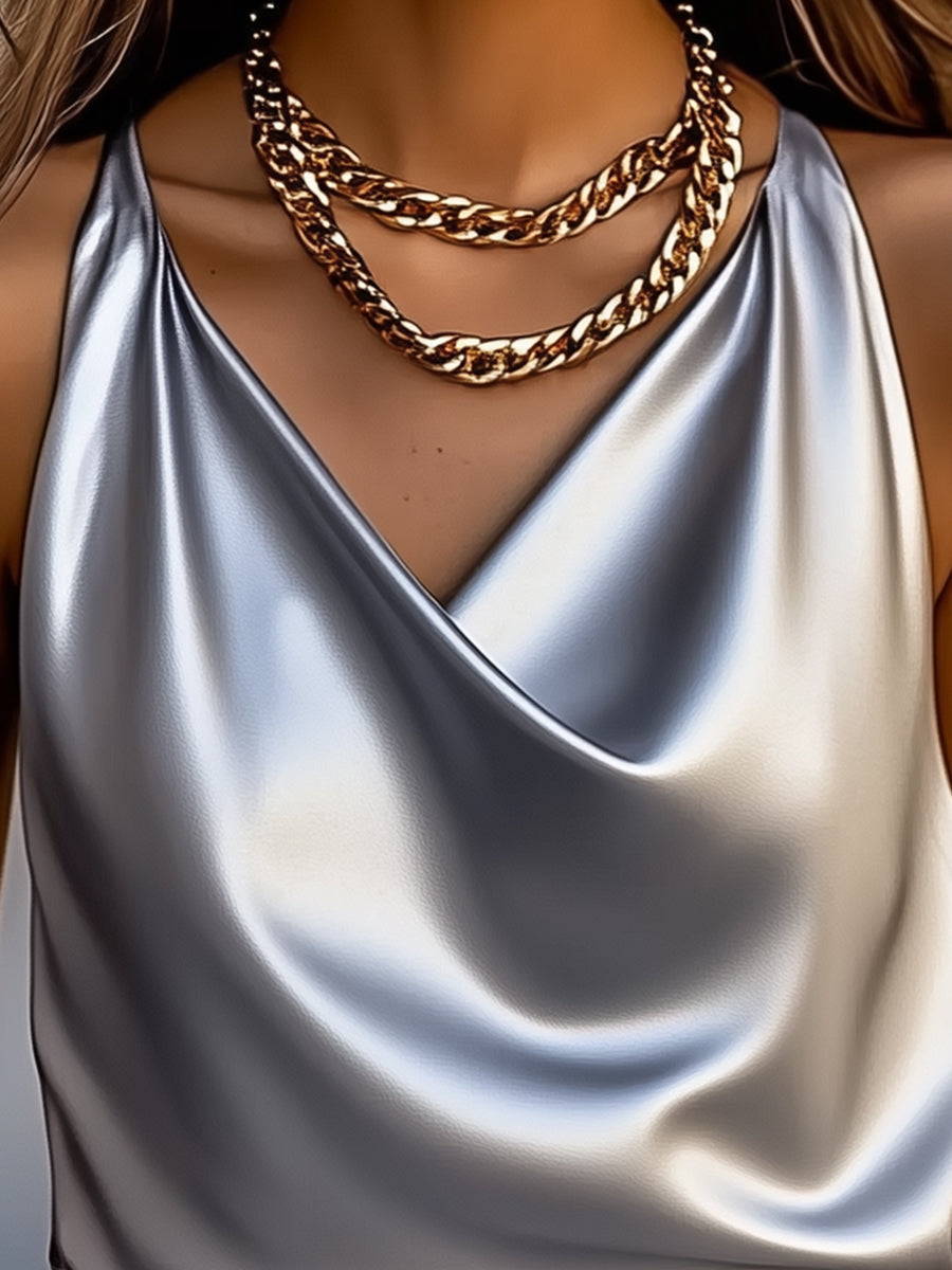 Silky Satin Draped Cowl Neck - Top