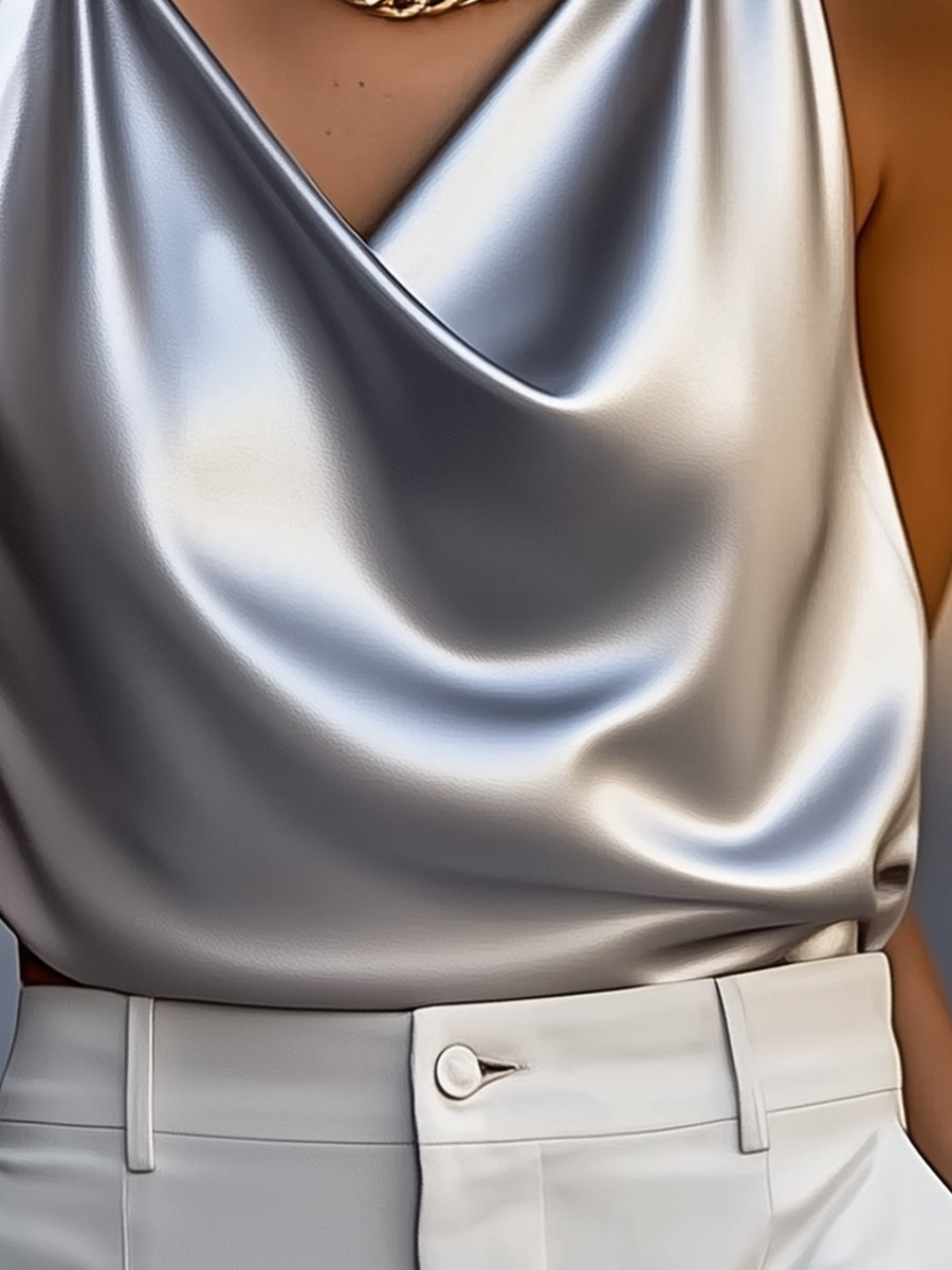 Silky Satin Draped Cowl Neck - Top