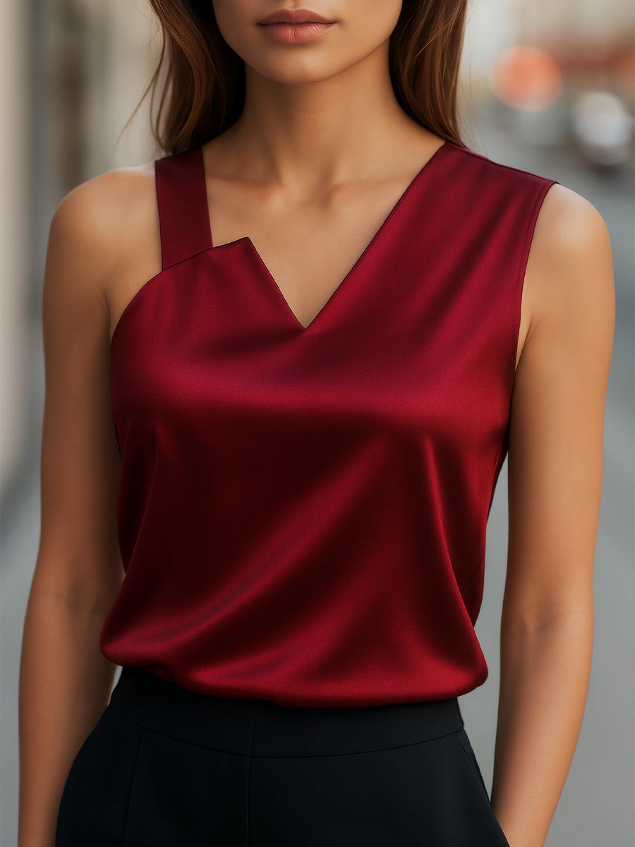 Sleek Satin Asymmetrical Neckline - Blouse