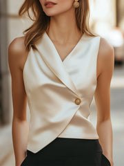 Asymmetric Satin Wrap with Gold Button Detail - Blouse