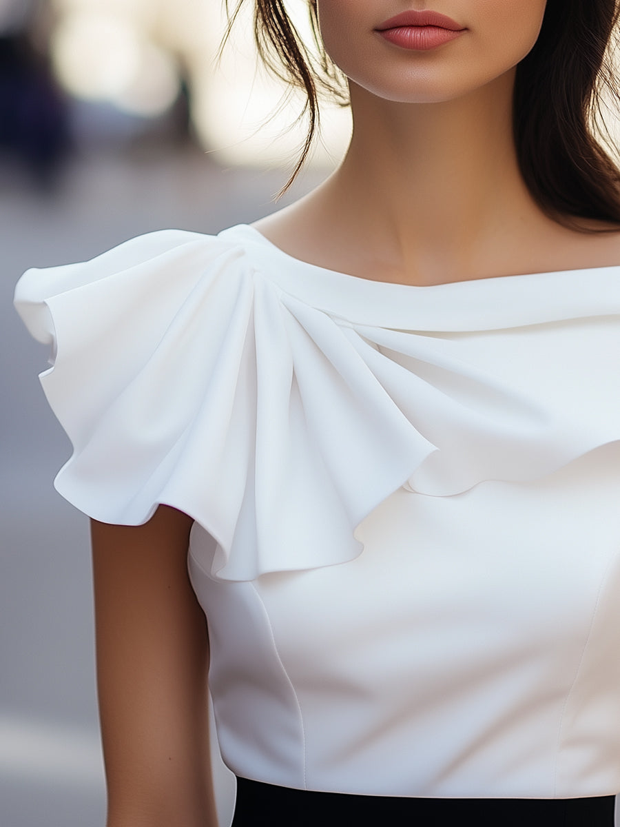 Chic Asymmetric Ruffle Boat Neck - Blouse