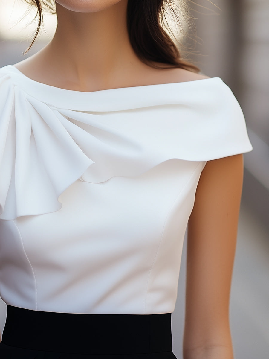 Chic Asymmetric Ruffle Boat Neck - Blouse