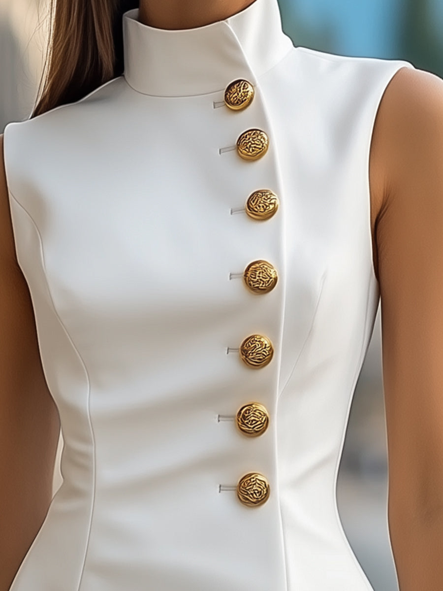 Elegant Golden-Button Satin High Collar - Sheath Dress