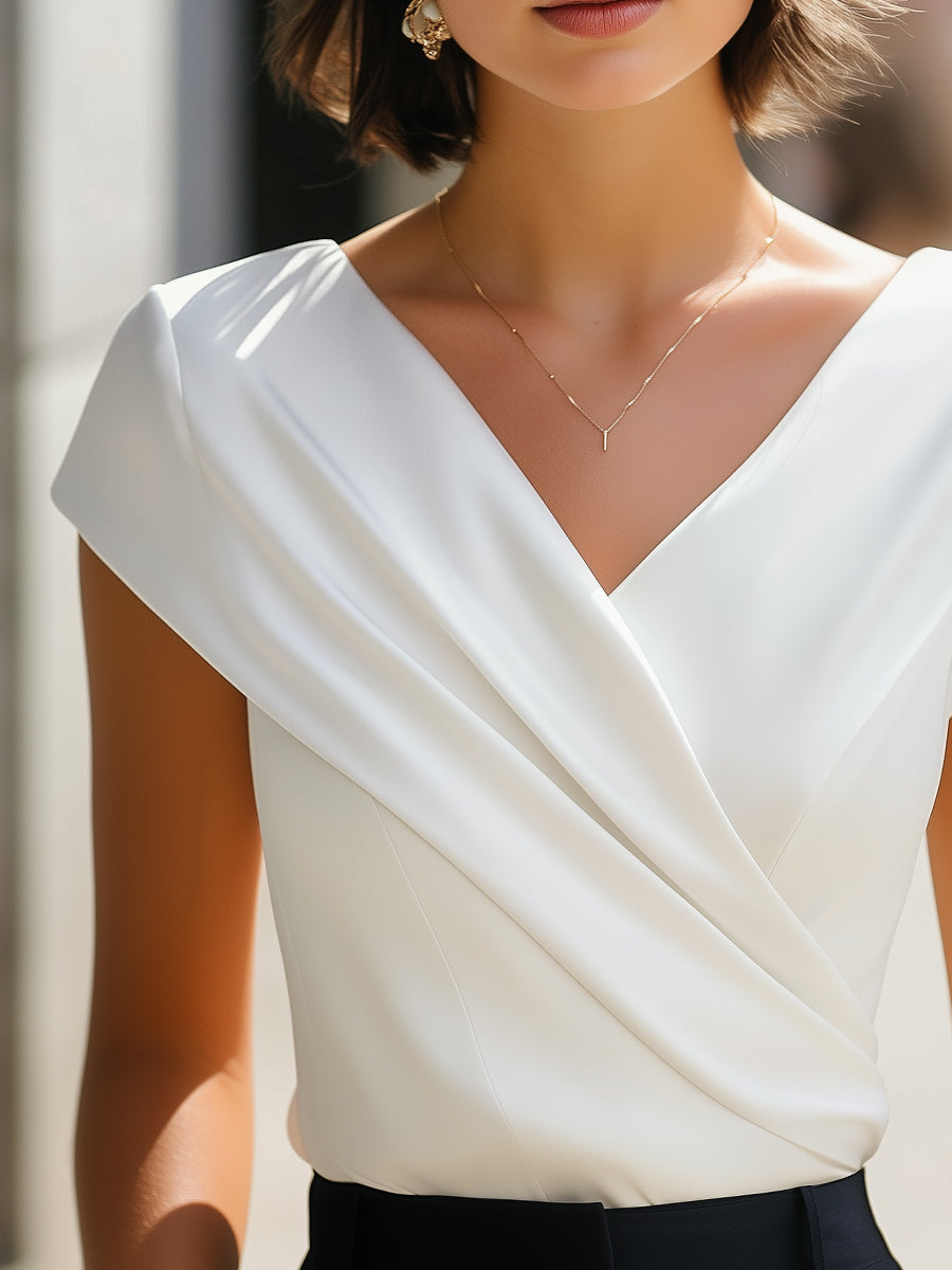Elegant Pleated V-Neck Sleeveless Top - Blouse