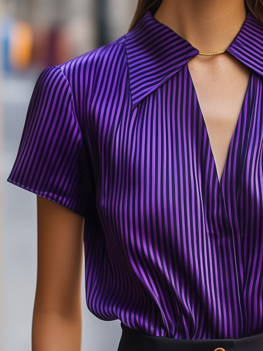 Glossy Satin Stripe Short-Sleeve, Wide Collar - Blouse