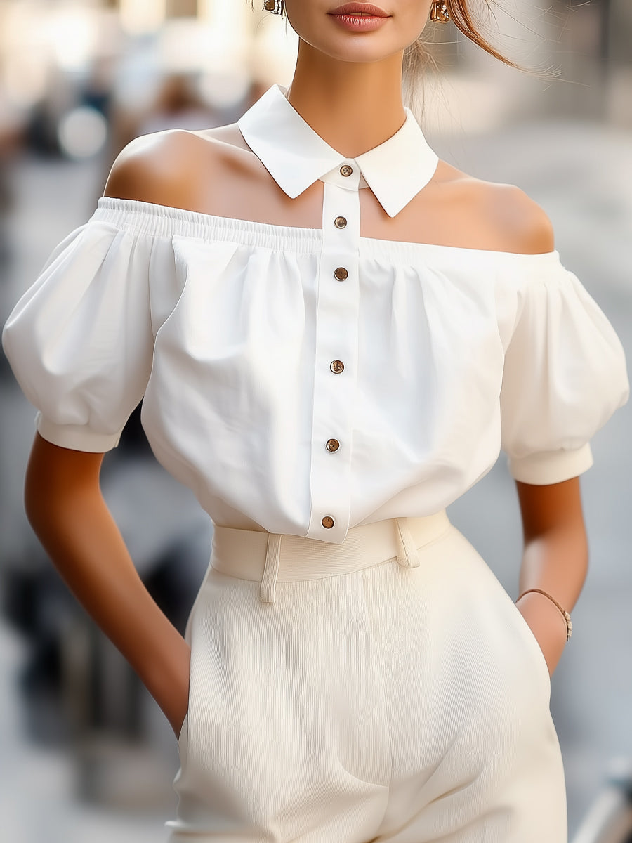 Chic Off-Shoulder Button-Up Blouse with Statement Collar MLZ