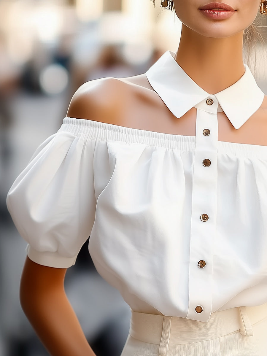Chic Off-Shoulder Button-Up with Statement Collar - Women's Blouse