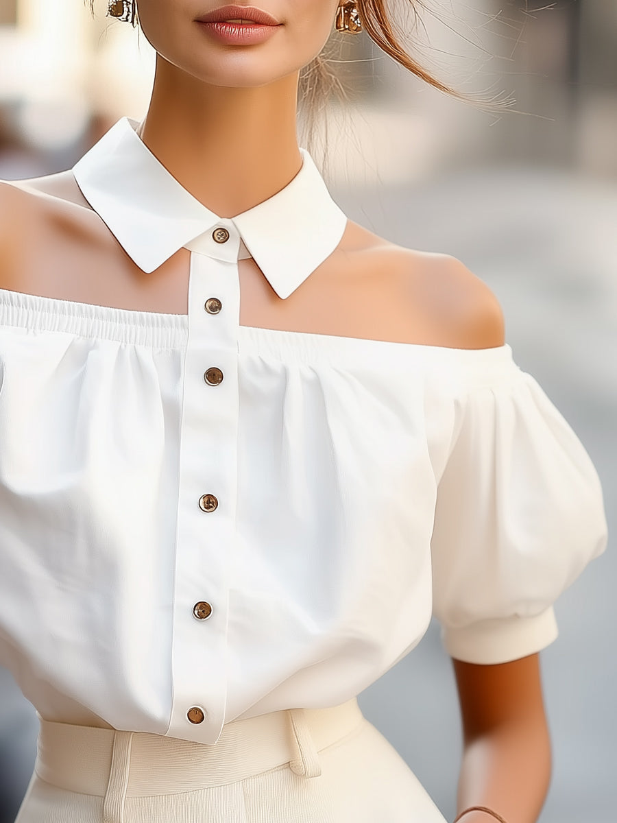 Chic Off-Shoulder Button-Up with Statement Collar - Women's Blouse