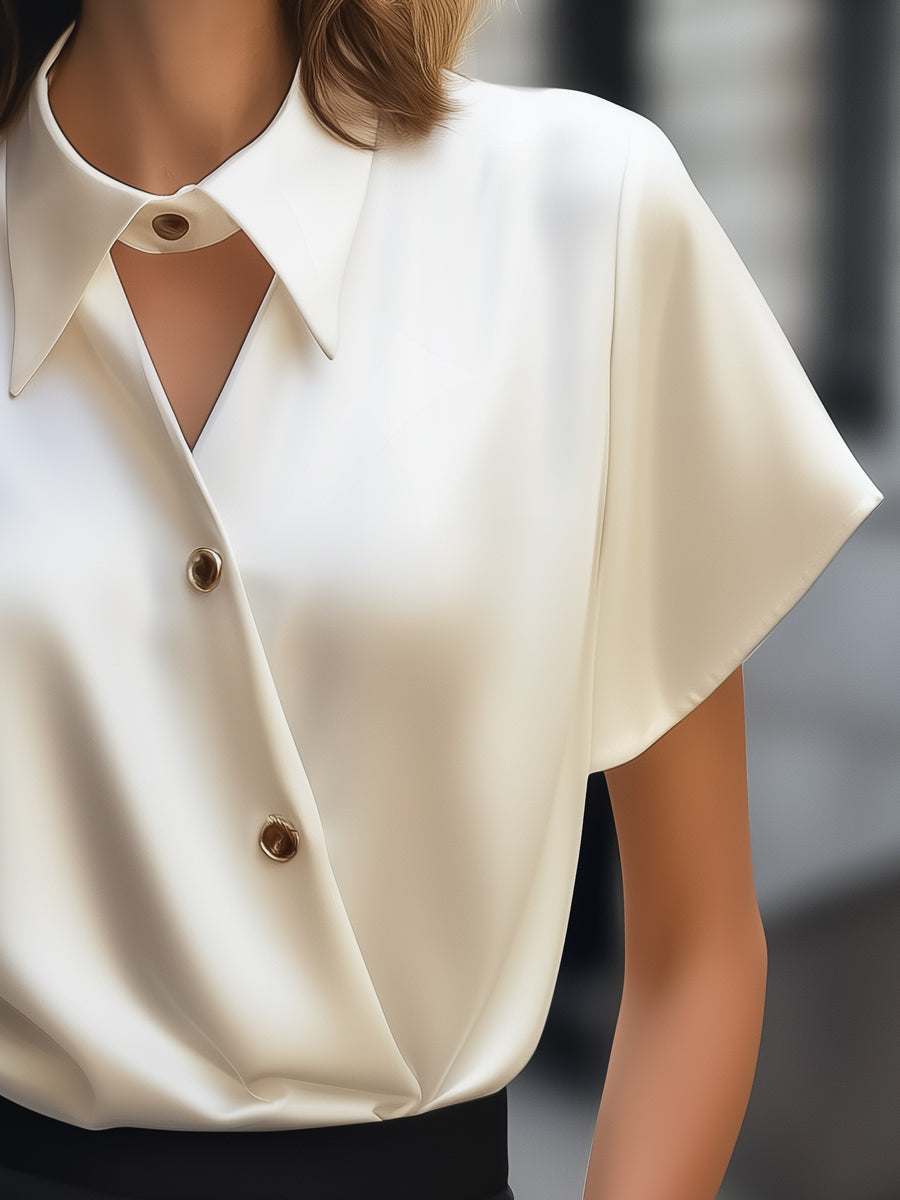 Asymmetric Satin Button-Down with Cutout Collar - Blouse