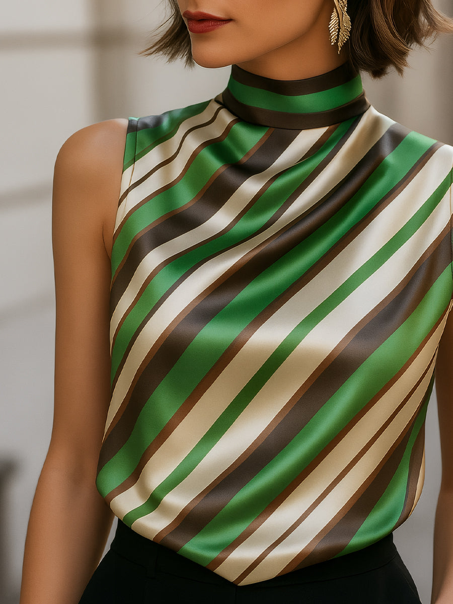 Striped Satin High-Neck Sleeveless - Blouse