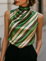Striped Satin High-Neck Sleeveless - Blouse