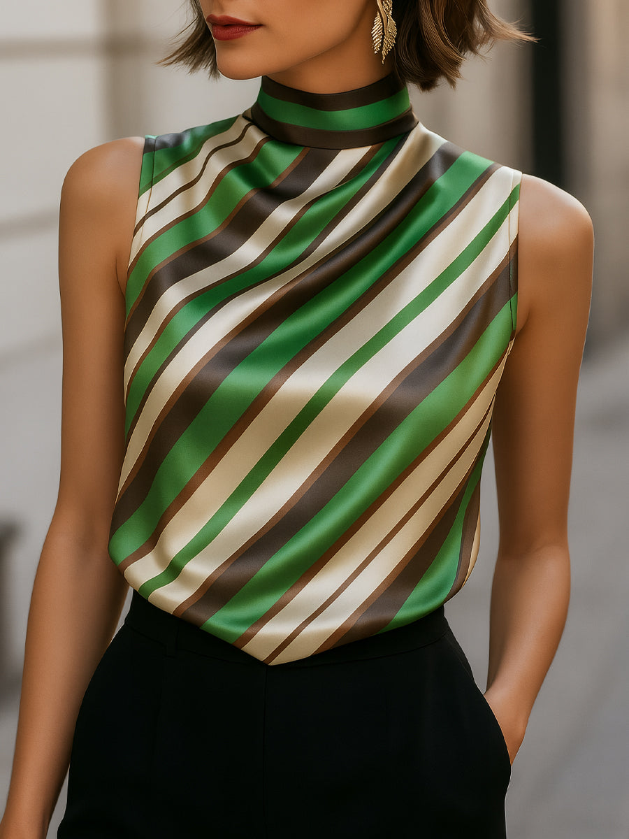 Striped Satin High-Neck Sleeveless - Blouse
