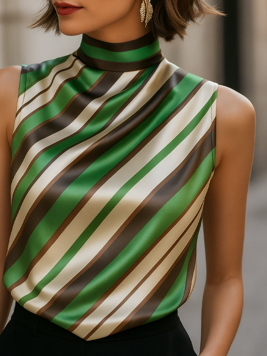 Striped Satin High-Neck Sleeveless - Blouse