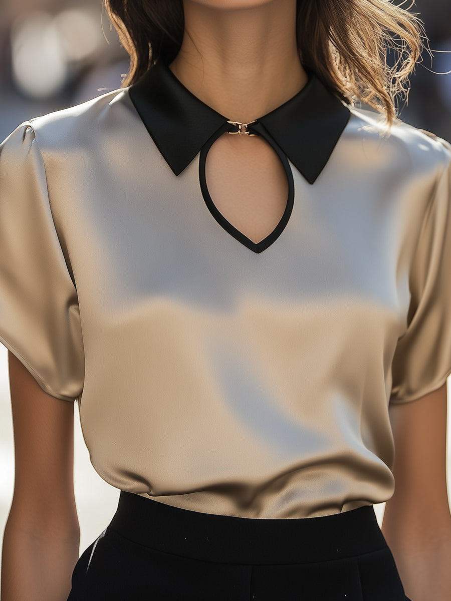 Contrast Collar Satin Keyhole Detail - Blouse