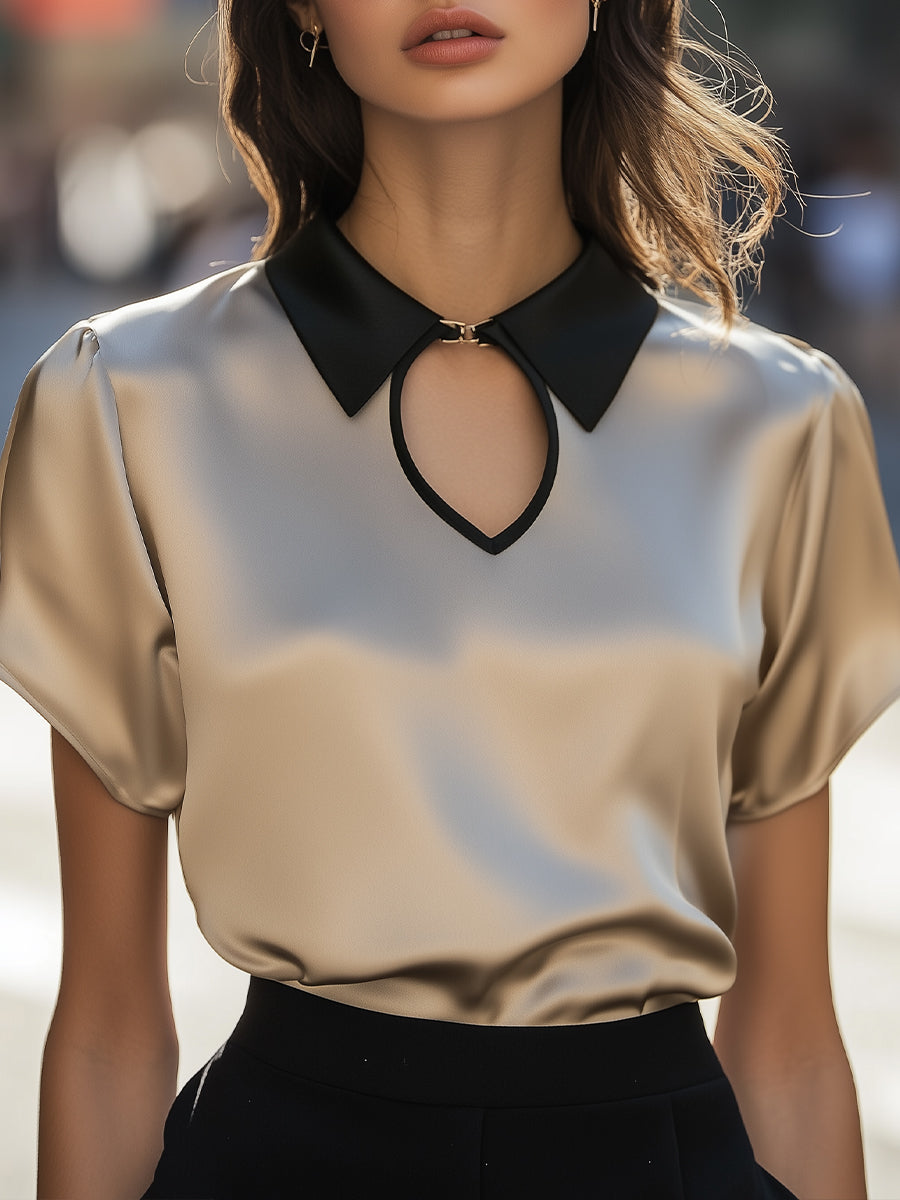 Contrast Collar Satin Keyhole Detail - Blouse