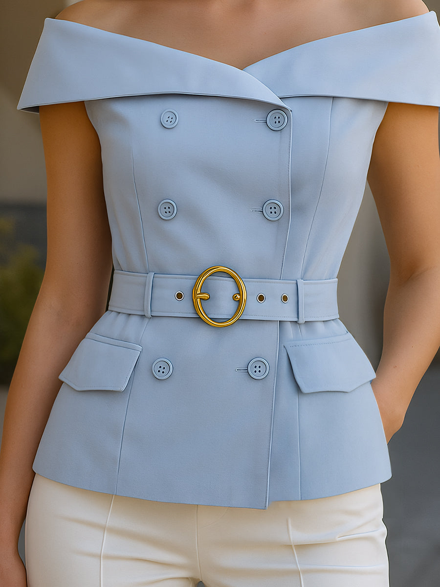 Elegant Off-Shoulder Belted Tailored - Blazer Top