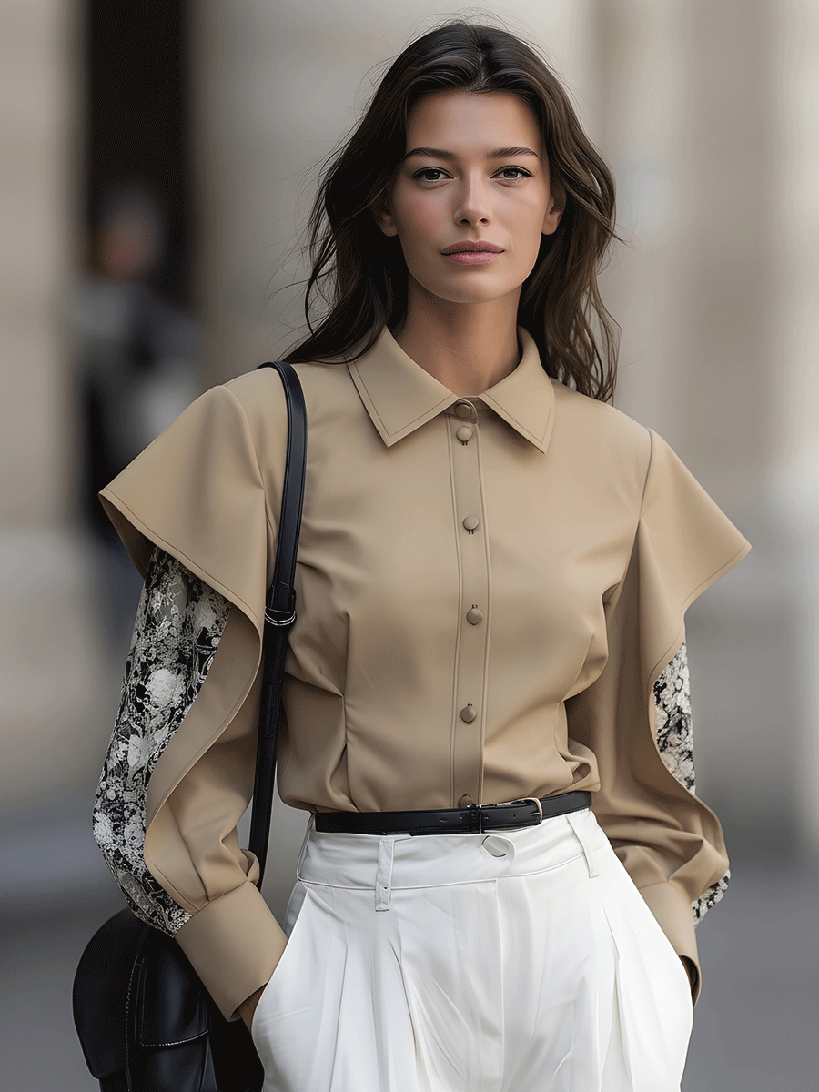 Taupe Button-Down With Draped Overlay Sleeves and Floral Contrast - Blouse